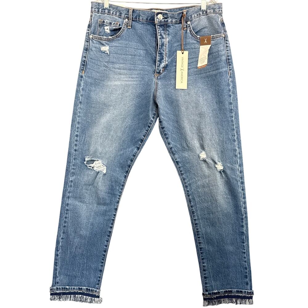 Vintage X America Vintage Taper Distressed Fringe Denim Jean Women 14/32